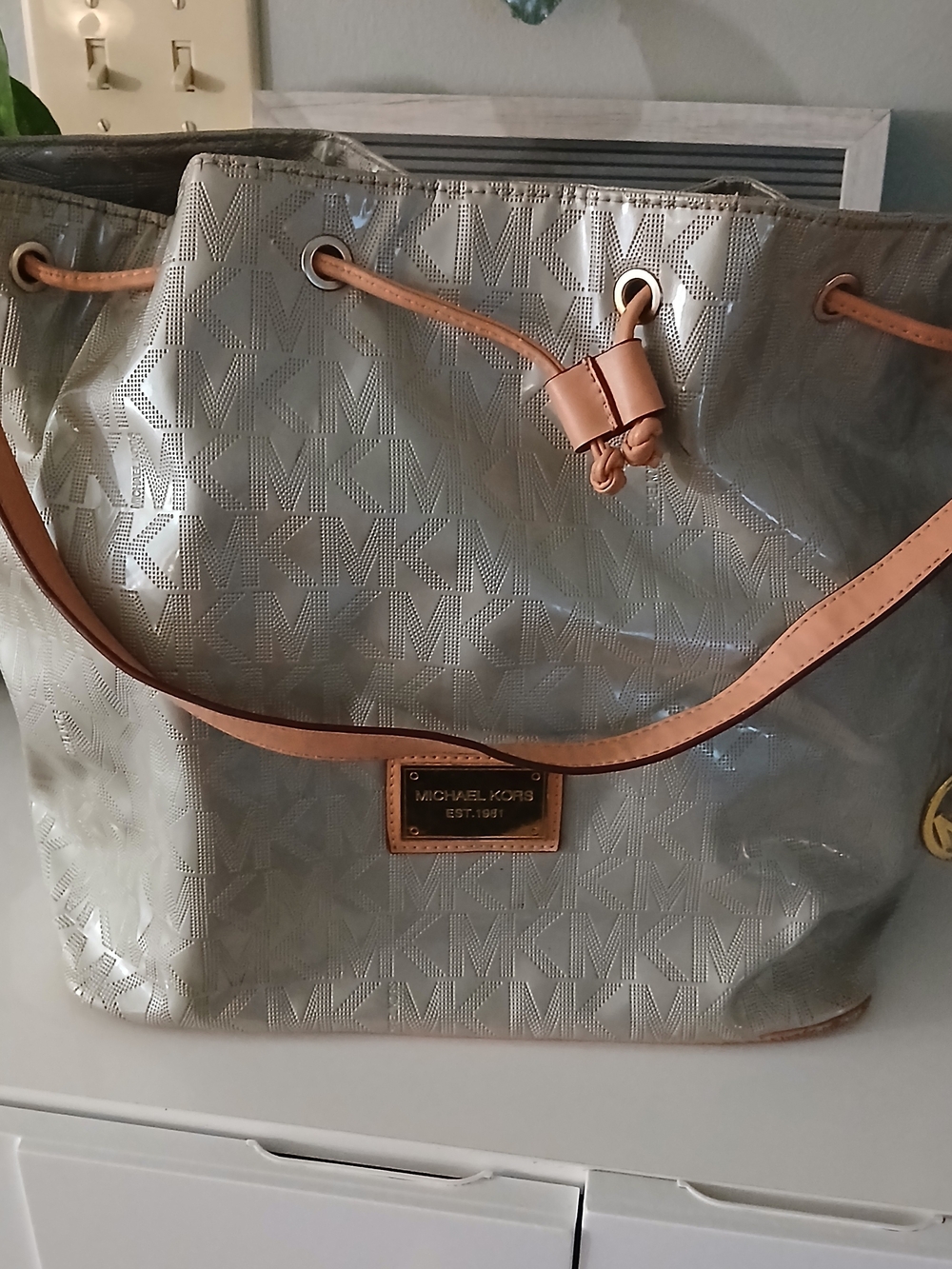 Michael Kors Silver Drawstring Bucket Metallic Tote + Tan Leather Trim
